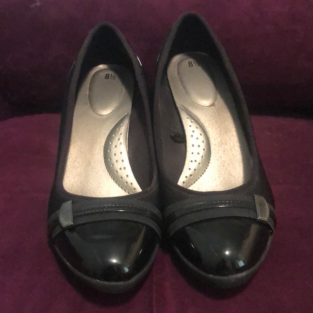 Black patent platform heels
